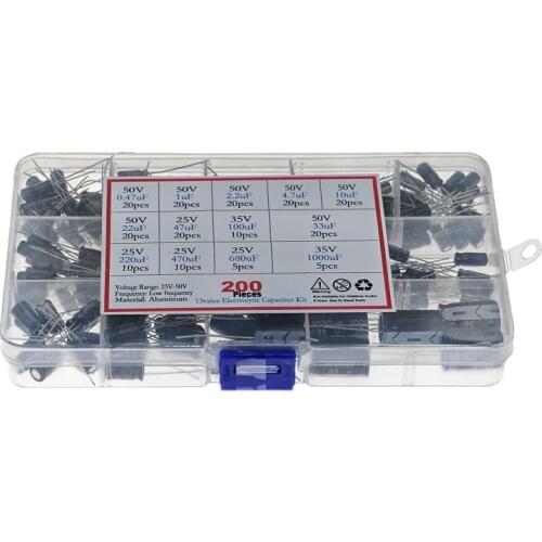 200pcs /13 specifications 0.47uf-1000uf plug-in capacitor accessories package electrolytic capacitor mixed box