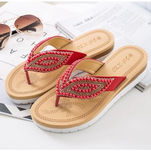 2021 Womens Flat Casual Flip Flops Pearl Decor Solid Color Lady Summer Slippers Beach Slippers Women Comfortable Sliders