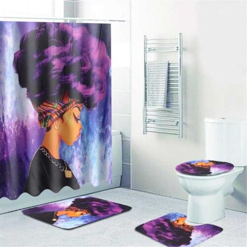 3D African Girl Shower Curtain Set Purple Waterproof Bath Curtains Non-slip Mat Rugs+Toilet Lid Cover Home Decor Dropshipping