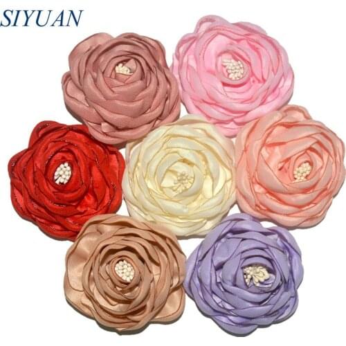 5pcs/lot 2.4'' Burned Camelia Satin Flower with Stamen Girl Flower Hairpin Wedding Dress Decor DIY Boutique TH284