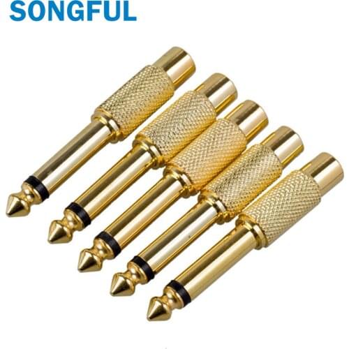 5PCS Gold 6.35mm 1/4" Male Mono Plug to RCA Female 6.5mm Jack Audio Stereo Adapter Connector Plug TS Converter Sound Mixer