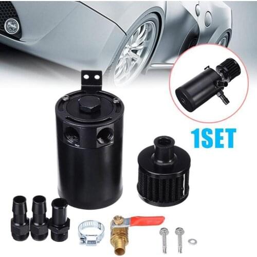 Car Aluminum Reservoir Oil Catch Can Tank 2-Port Baffled Reservoir with Drain Valve Breather Cylinder Filter Kit OCC041 OCC039-G