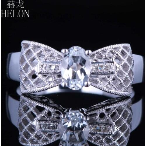 HELON Solid 14K White Gold Flawless Oval 6x4mm Genuine White Topaz & Diamonds Fine Jewelry Bowknot Gemstone Ring Women Best Gift