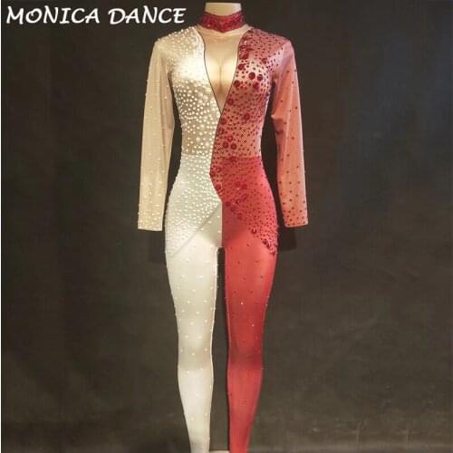 Red White Splice Sexy Stage Suit Pattern Jumpsuit Female Singer Sexy Stage Outfit Bodysuit Dance Costume Glisten Stretch Rompers