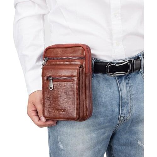 Genuine Leather Mens Mobile Phone Belt Bag Adjustable Multifunction Practical Sling Bag Mans Cowhide Shoulder Messenger Bag