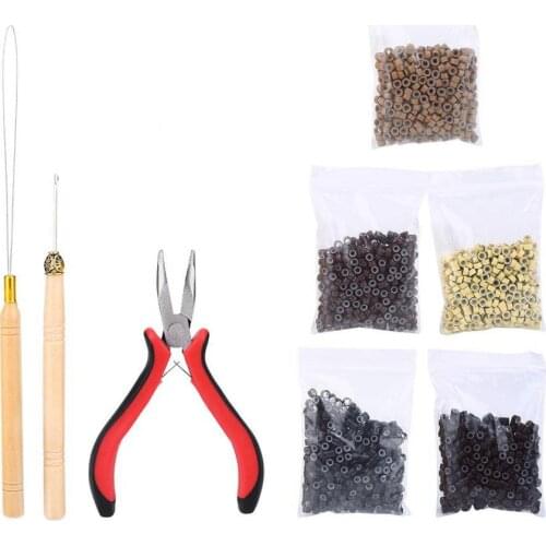 Hair Extensions Tool Set 2Pcs Pulling Hook Needle + 1Pc Holes Pliers + 500Pcs Silicone Miciro Rings Beads Hair Stying Tool