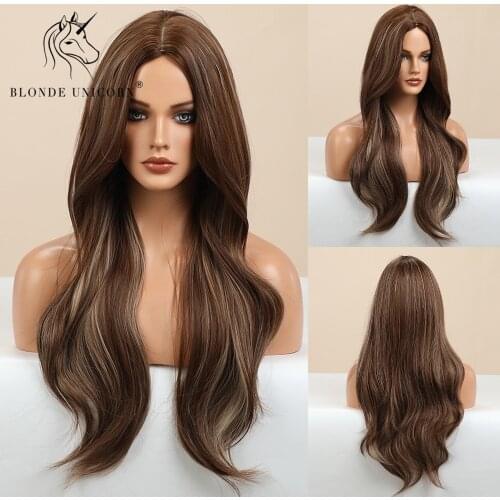 Blonde Unicorn Long Synthetic Wig Brown with Hghlight Middle Part Hair Wig Natural Wavy Heat Resistant Synthetic Wigs for Women