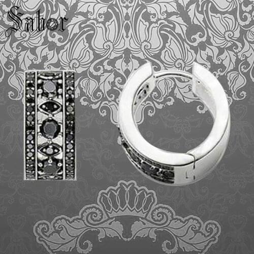 Creole Rhombus Hinged Hoop Statement Earring Cubic Zirconia Jewelry Black Round silver color Gift For Women 2020 thomas