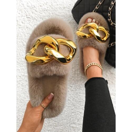 Fluffy Slippers Furry Fur Slides Big Gold Chain Flip Flops Designer Faux Fur Slippers Fuzzy Slip On Flats Womens Fashion Shoes