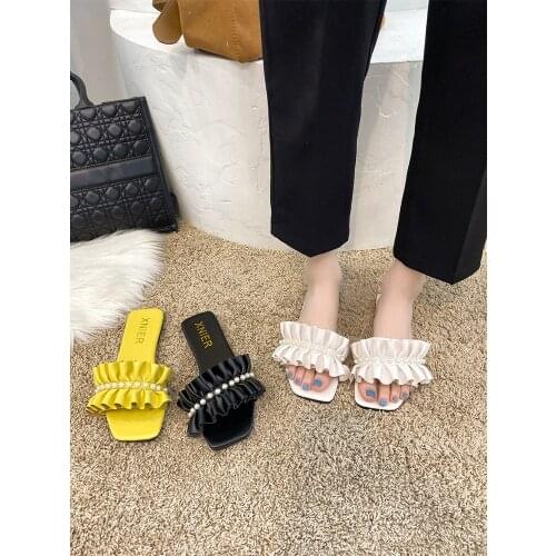 Exquisite Pearl Decoration Temperament Square-toe Flat-bottom Slippers Summer New Fashion Outer Wear Ladies Slippers