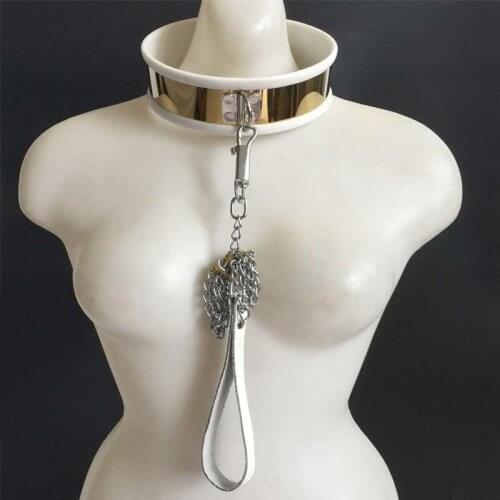 Titanium Stainless Steel Chain Lock Neck Collar With Leash Adult Games BDSM Bondage Chastity Collar Slave Restraints Sex Cosplay
