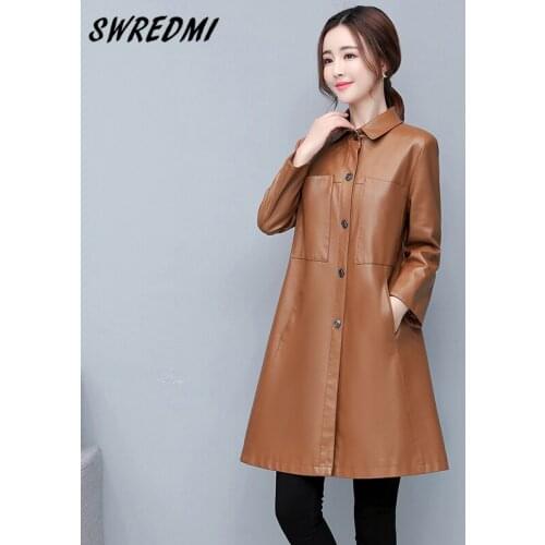 Long Leather Trench Female Slim Fashion Pockets Coat Women Spring High Street Jackets Oversized 5XL Autumn Clothing SWREDMI