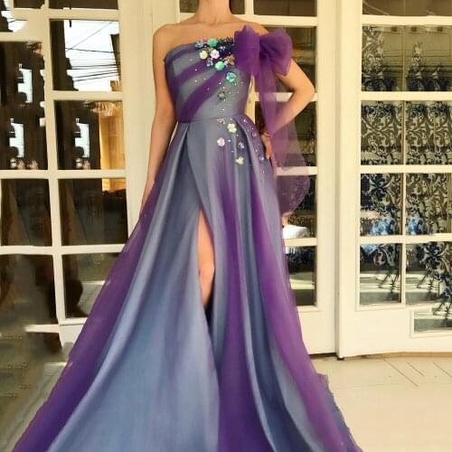 Strapless A-Line Evening Dresses Split Flower Ruffle Prom Gowns Backless Formal Evening Party Dress Robe de Soiree