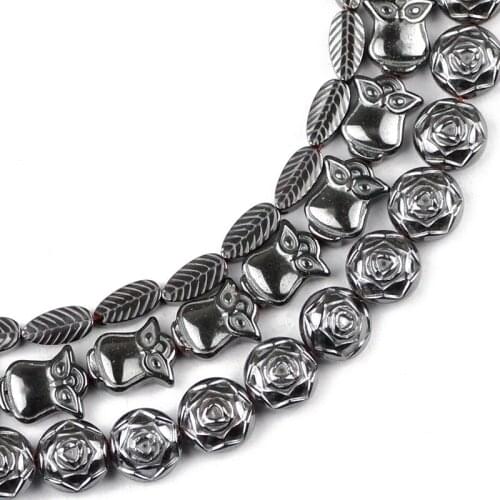 YHBZRET Carving Black Hematite Roses Owls leaves Natural Stone Spacer Loose beads For Jewelry making bracelet DIY Accessories