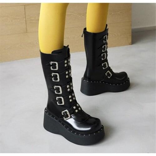 PXELENA Punk Gothic Rivet Buckle Women Platform Thick Sole Motorcycle Combat Military Mid Calf Boots Wedge High Heels Cosplay 43