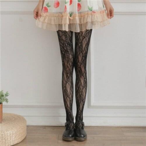 2021 Women Pantyhose With Cut out Lace Base Japanese Vintage White Rattan Mesh Retro Pattern Black Beige Tight Female Student