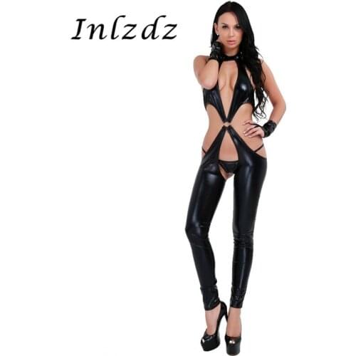 Womens Sexy Bodystocking Patent Leather Exotic Stockings Full Bodysuit Lingerie Suit Exotic Costume for Sex Hot Bodystocking