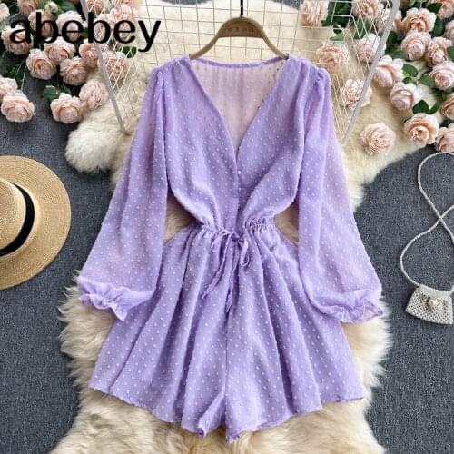 Women Dot Chiffon Rompers Long Sleeve V Neck Casual Loose Overalls Jumpsuits Summer Korean Wide Leg Beach Playsuits