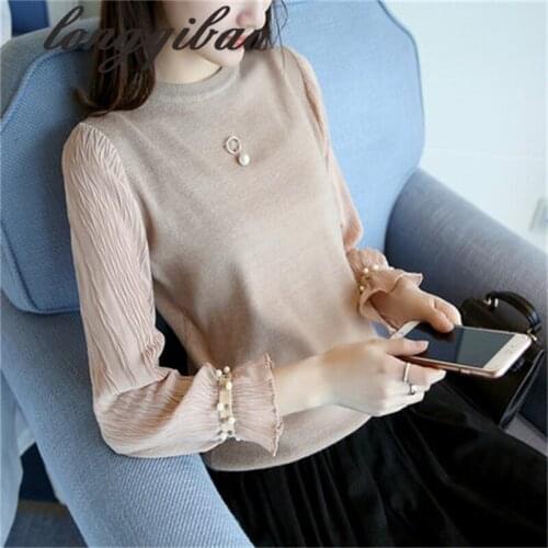 Spring and Autumn leisure fashion New women knitted loose round neck sweater Set beads chiffon sleeves TB7762