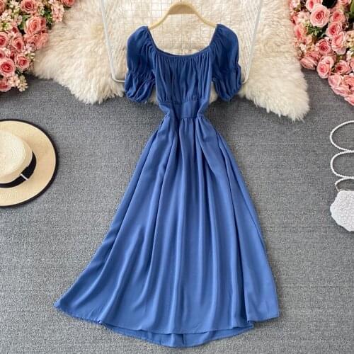 2021Summer Brief Dress Women Blending Dress Ladies Short Puff Sleeve Casual Elegant Folds Draped Dress Female Knee-length Dress