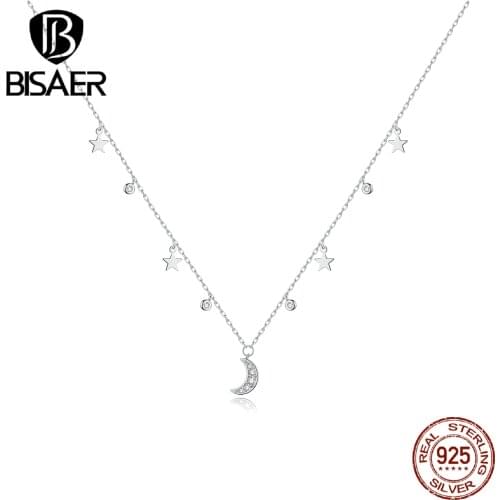 BISAER Star&Moon Necklace 925 Sterling Silver Dream Time Necklace Pendant Women Oxidized Silver Jewelry ECN420