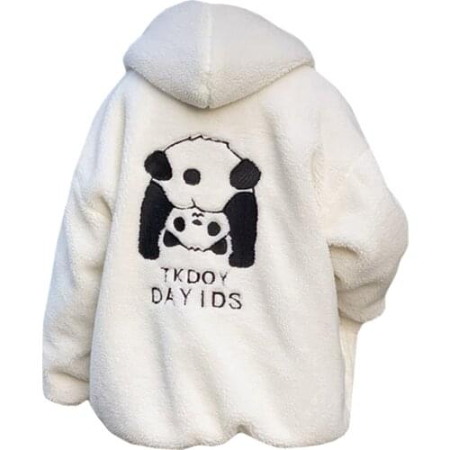 Winter Jacket Women Sweatshirt Loose Hoodies Lamb Woolen Thick Cute Panda Embroidery Tkdoy Dayds Letter Harajuku Zip Up Jumper