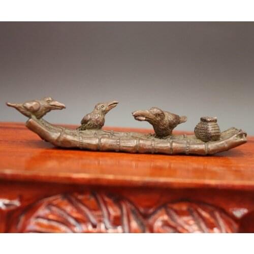 10.5 CM Chinese red Copper fish hawk ossifrage fishing vessel bamboo raft Statue