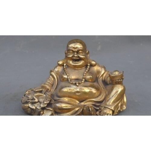 7" Chinese Buddhism Brass yuanbao Money Bag Coin Wealth Maitreya Buddha Statue