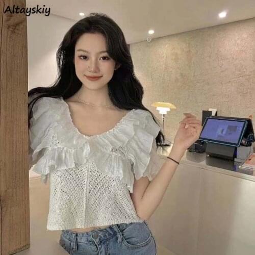 Blouse Women Summer Puff Sleeve Kawaii Hollow Out Solid Stylish Korean Style Harajuku Comfort Breathable Female Girls Party Ins