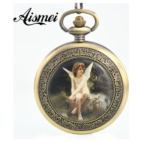 20pcs/lot New Western Style Angel Lover Bronze Steampunk Vintage Automatic Pocket Watch Elegant Sweater Watch Necklace wholesale