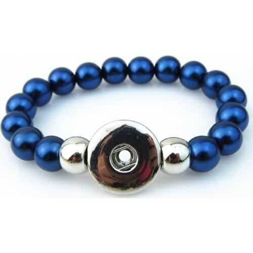 10pcs/lot Handmade Elastic Bracelet Blue pearl Beads Snap Button Bracelet For Snaps Jewelry Fit 18mm snap charm