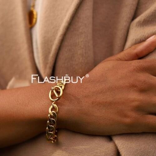 Flashbuy Trendy Curb Cuban Thick Link Chain Bracelet for Women Men Alloy Metal Bracelets Personality Wrist Minimalist Jewelry
