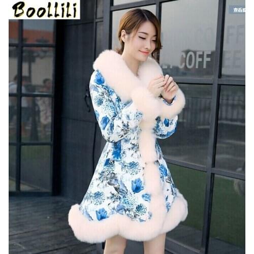 Boollili 2020 Leather Jacket Women Cotton Padded Faux Leather Jacket Faux Fox Fur Collar Print Floral Leather Jackets Plus Size