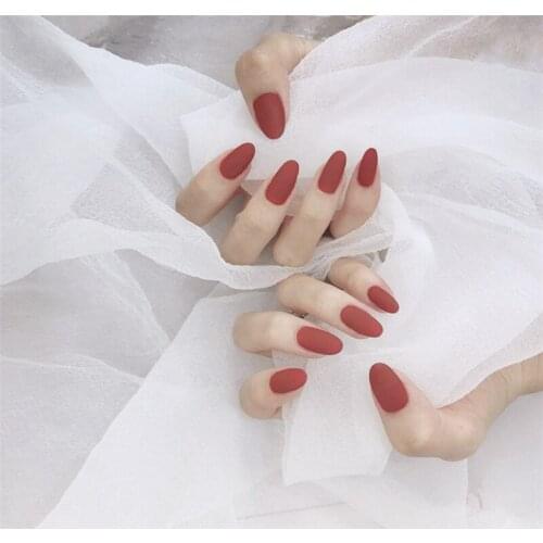 Round matte red pure color false nails 24pcs french Middle-long bride lady full nail tips cute fake nails Japanese