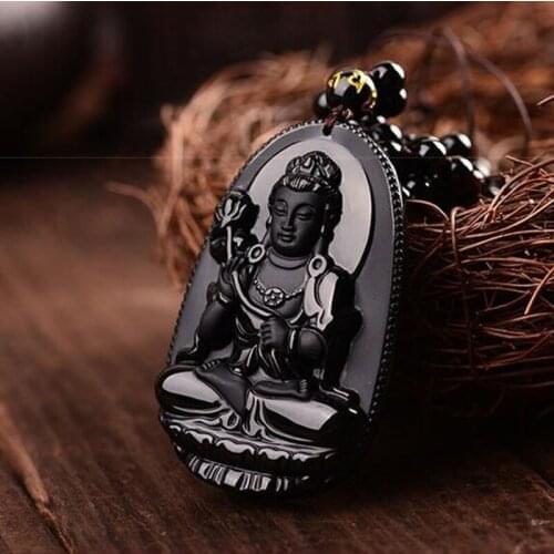 Fashion Natural Black Obsidian Carved Dashizhiguanyin Lucky Amulet Jade Pendant Necklace For Women Men Jewelry