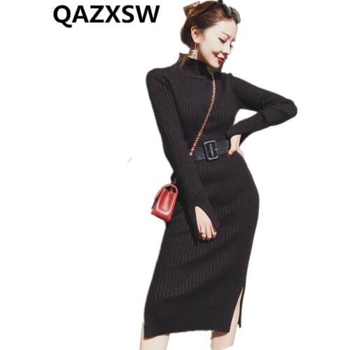 2019 New Spring Dress Autumn Long Knit Dressees Slim Over Knee Fashion Trendy Lady Solid One Step Sweater Women Dress ZW007
