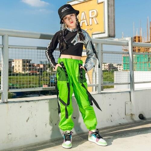 New Ballroom Hip Hop Dance Costumes For Girls Fashion Single Sleeve Fluorescent Green Pants Jazz Street Dance Outfits DN6759