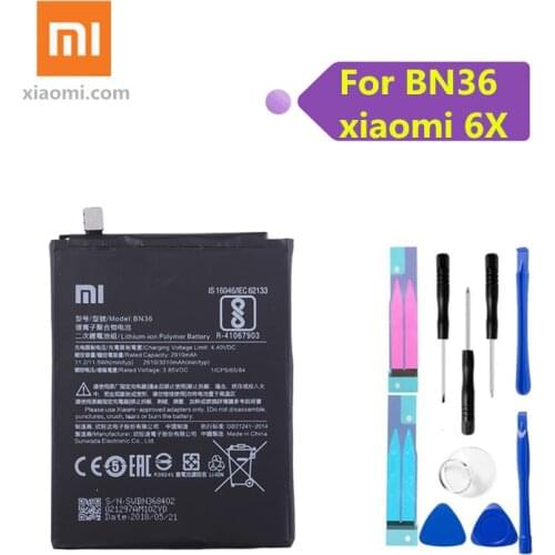 Xiao Mi Original Battery BN36 3010 mAh for Xiaomi Mi6X Mi 6X MiA2 Mi A2 High Quality Phone Replacement Batteries+tools