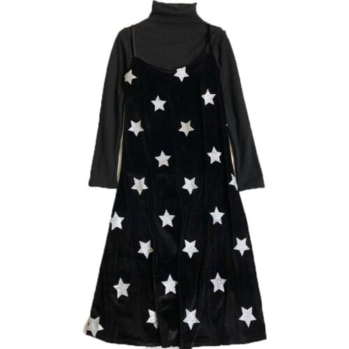 PERHAPS U Women Black Turtle Neck Long Sleeve Velvet Star Sling Two Pieces Set Midi Dress Winter Autumn T0061