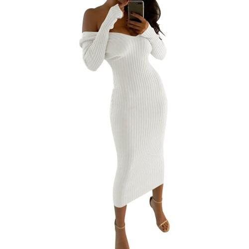 Popular Womens Clothing Sexy Off Shoulder Long Dress Large V-Neck Long Sleeve Dress