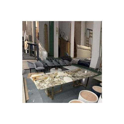 Luxury dining table rectangle custom stainless steel stone base for living room