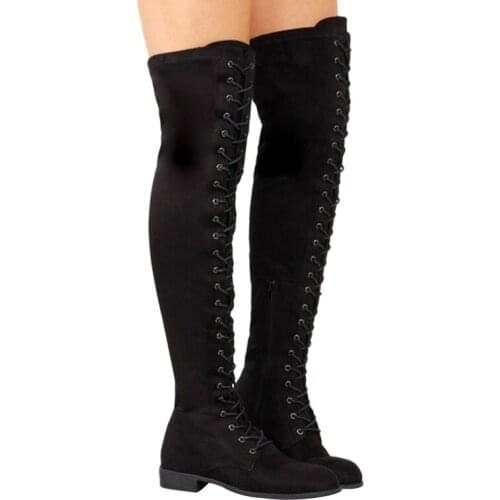 Women Boots Sexy Lace Up Over Knee Boots Flats Square Heel Rubber Flock Boots Botas Winter Women Thigh High Boots 34-43