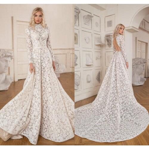 Wedding Dresses Jewel Long Sleeves Full Lace Appliques A Line Bridal Gowns Custom Made Sexy Open Back Sweep Train Wedding Dress