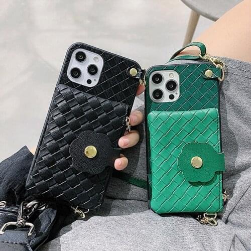 Crossbody Woven Wallet PU Leather Case for iPhone 12 11 Pro Max Card Holder Phone Case for iPhone Xs Max XR X 8 7 With Lanyard