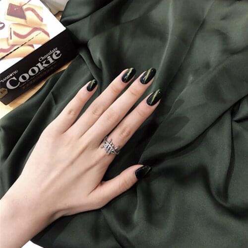 Vintage green cat eye UV gel false nails french 24pcs with glue pure color lady full nail tips Middle-long size cute fake nails