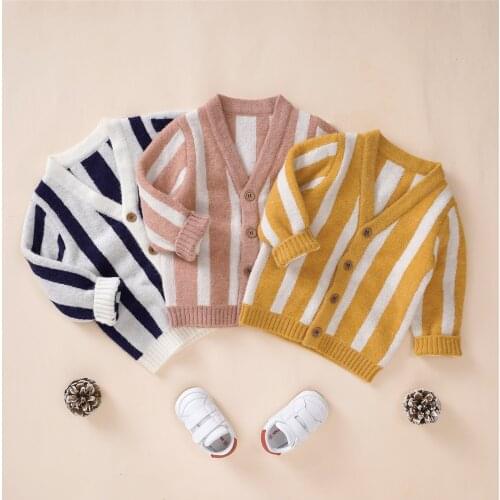 Toddlers Baby Boys Girls Knitted Cardigan Autumn Stripes Long Sleeve Sweater Infant Single-breasted Outwear Casual Outfits