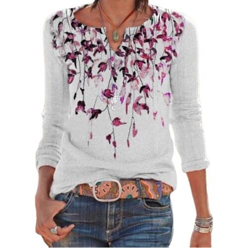 2021 Autumn Vintage Flower Print Shirt Women Casual V-neck Slim Fit Tops Pullover Long Sleeve Streetwear T Shirt Ladies Clothes