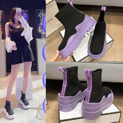 2021 New Candy Colors Soft Comfortable Fashion High Top Sock Sneakers Breathable Casual Thick Bottom Women Shoes