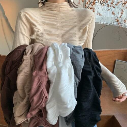 Autumn Winter Sweater Women Long Sleeve Slim Fit Stand-UP Collar Ruched Solid Knitted Bottoming Pullovers Women Jumpers Female
