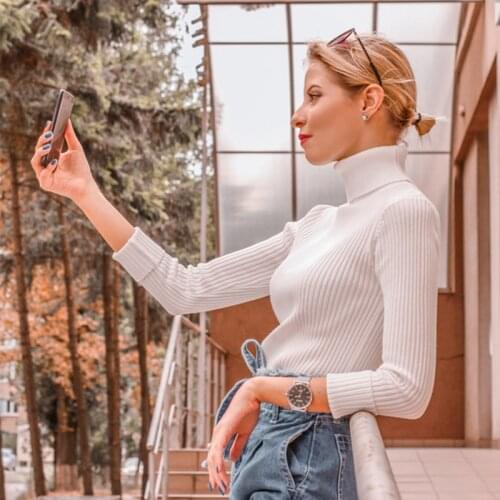 Urifens 2021 Spring Summer Women Knitted Foldover Turtleneck Sweater Casual Rib Jumper Throat Female Pull Clothing Top Pullover